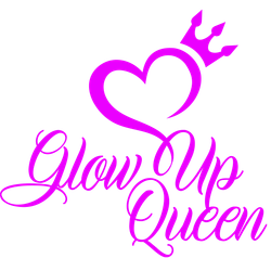 Magenta heart with crown above cursive text “Glow Up Queen”