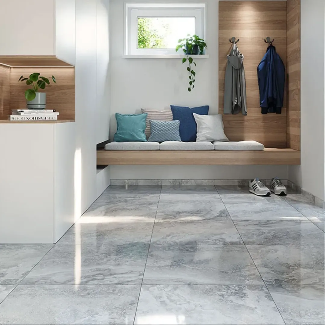 Professionally installed glazed ceramic tile floor in living room.