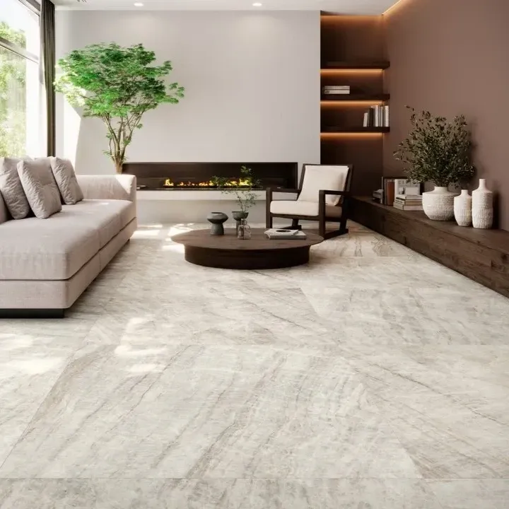 Newly installed large format tile flooring installation service.