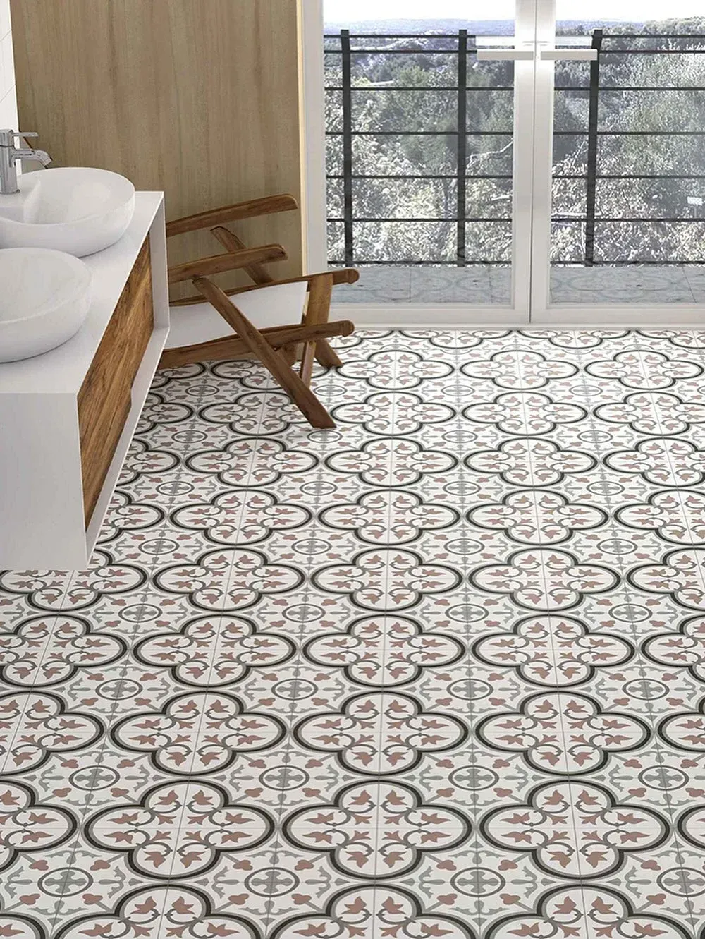 Newly installed textured and patterned tile flooring installation service.