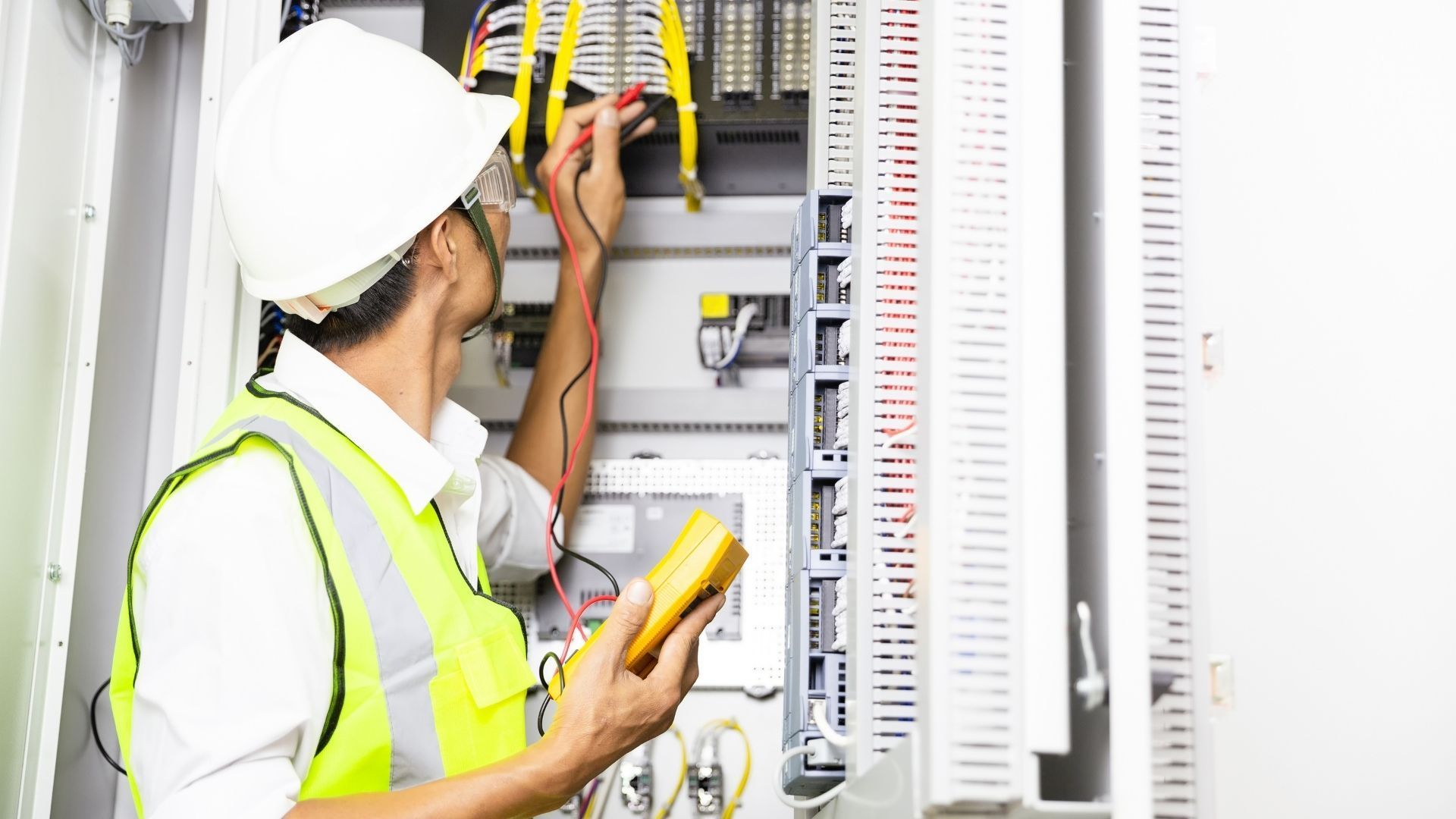 An electrician is working on an electrical box while holding a multimeter.