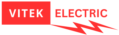 A red and white logo for vitek electric with lightning bolts.