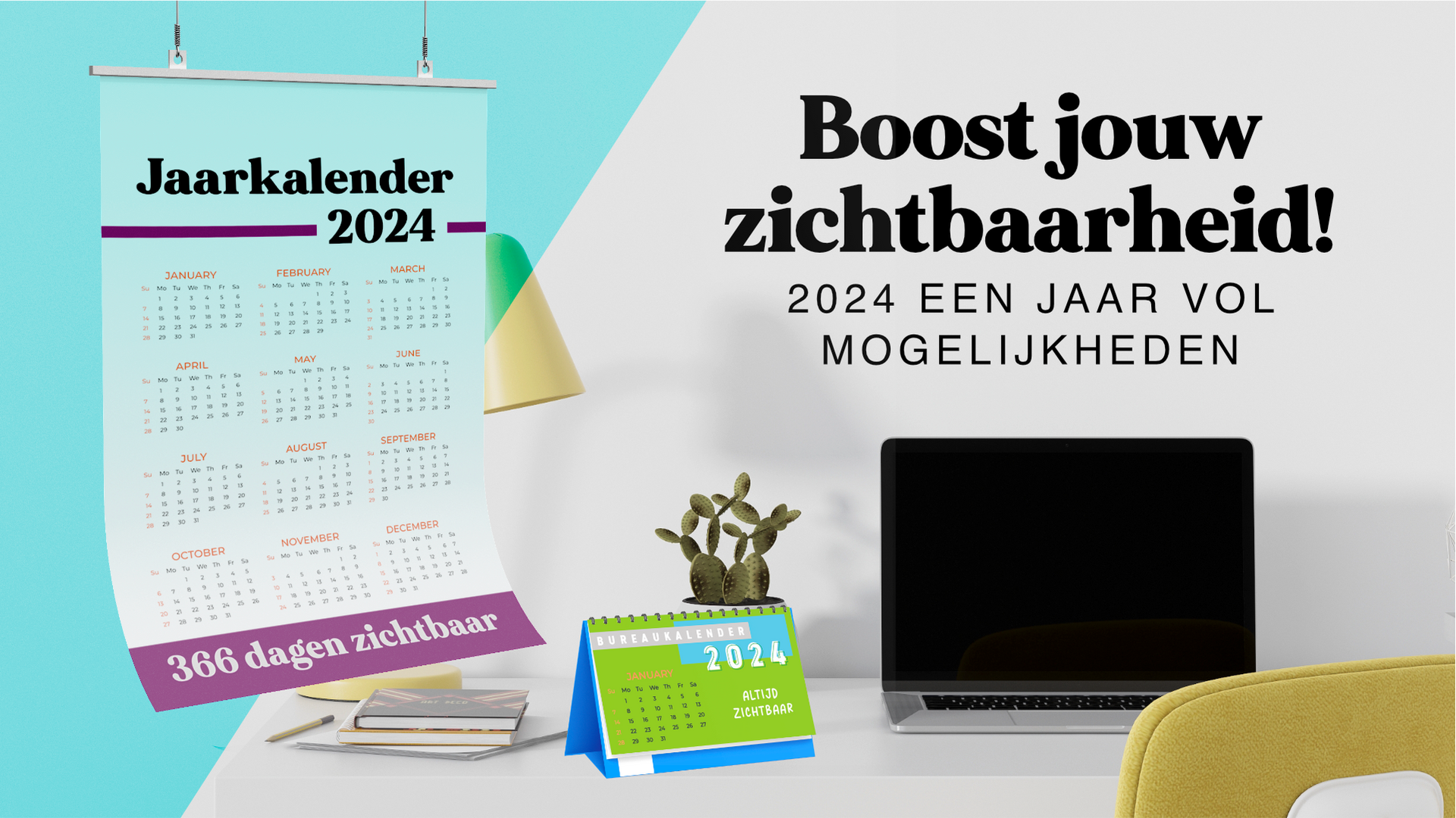 Jaarkalender en bureaukalender 2024 de Bunschoterop bureau met laptop