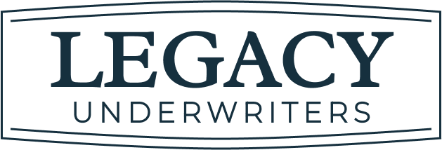 The logo for legacy underwriters is blue and white.