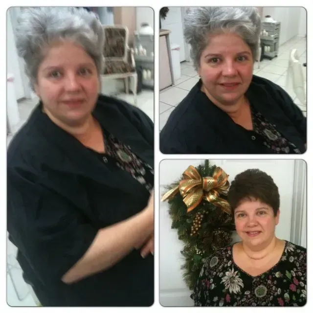 A collage of three pictures of a woman with gray hair