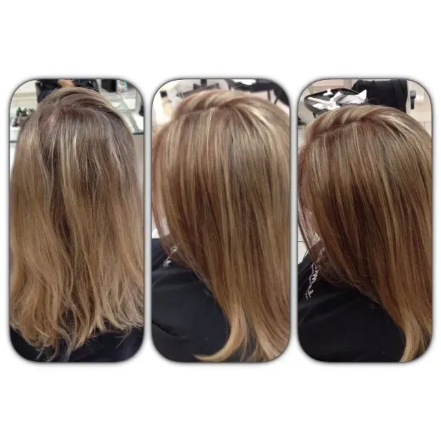 A before and after photo of a woman 's hair