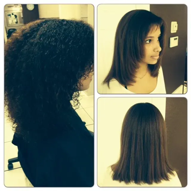 A woman 's hair is shown before and after being straightened