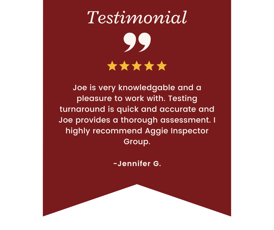 Testimonial for Joe, a knowledgeable inspector.  Maroon background with gold stars and quote from Jennifer G.