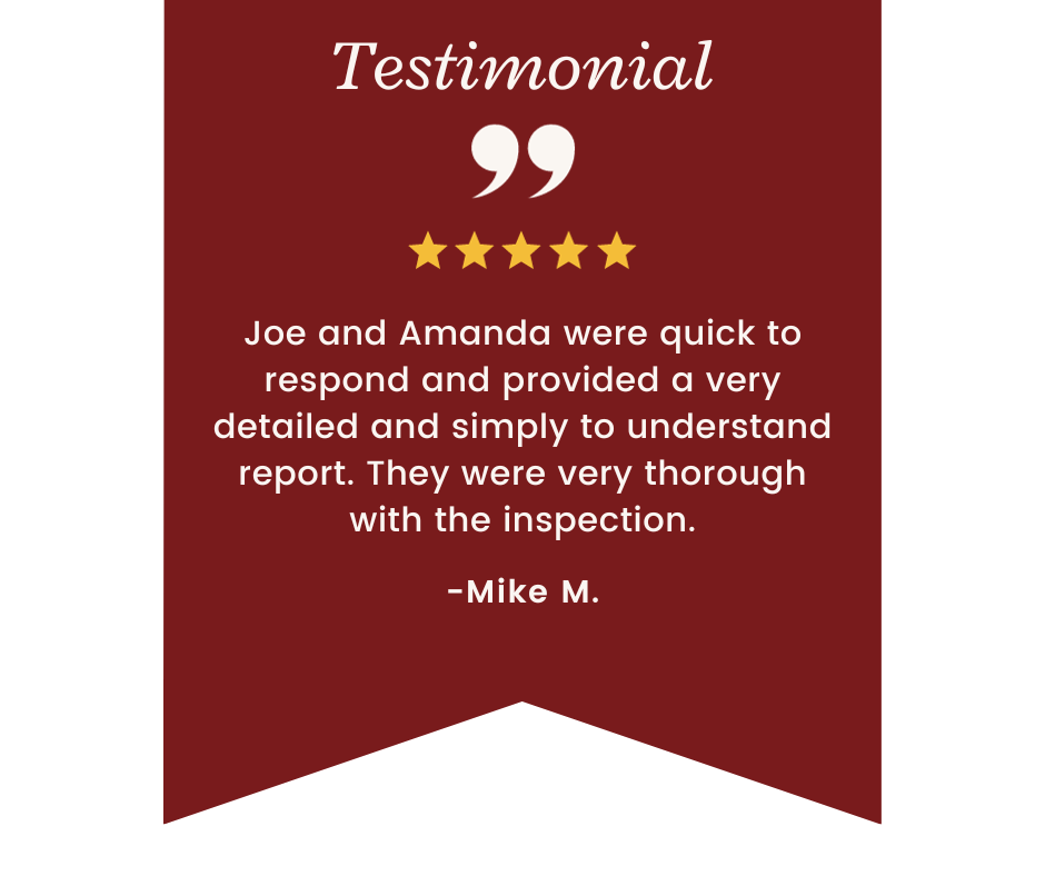 Testimonial graphic: brown background with quote. Five gold stars. Quote by Mike M. praising Joe and Amanda for a detailed inspection.