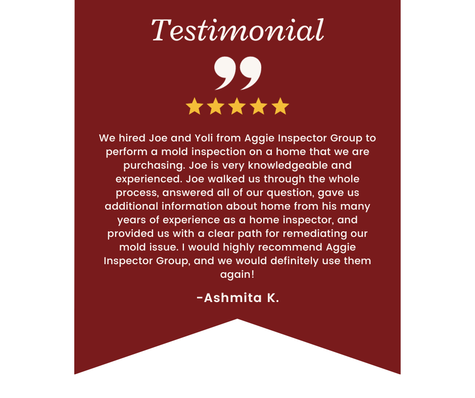 a testimonial for aggie inspector group is written by ashmita k.