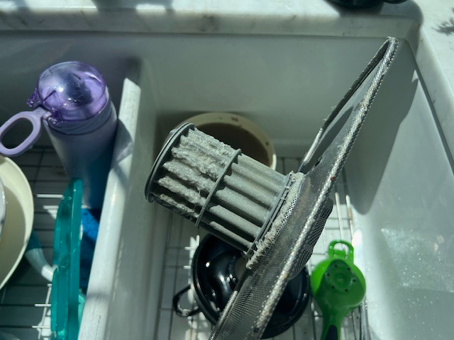 Dishwasher filter clogged with debris in a white sink.