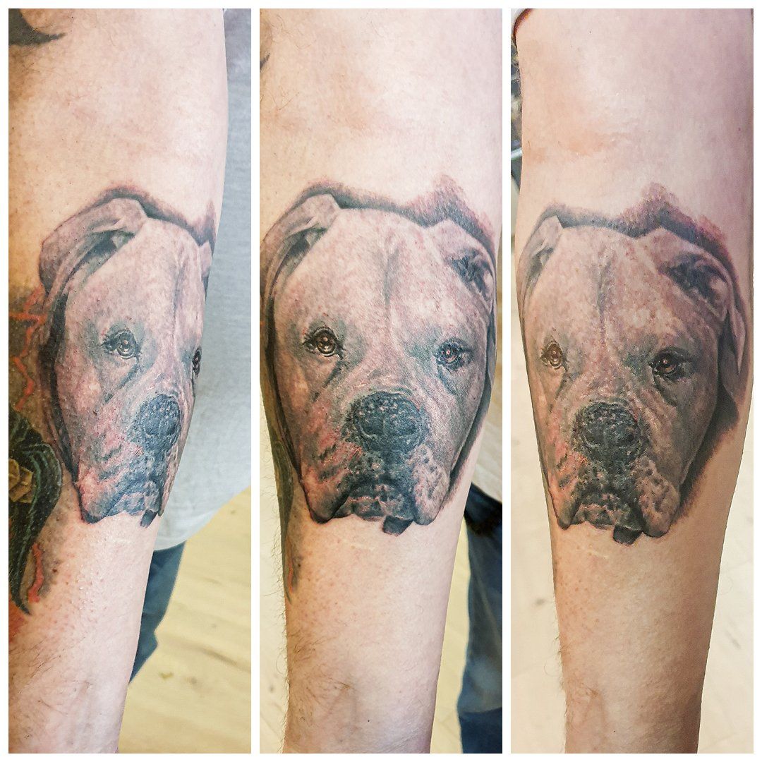 Een man heeft een tatoeage van een hond op zijn arm