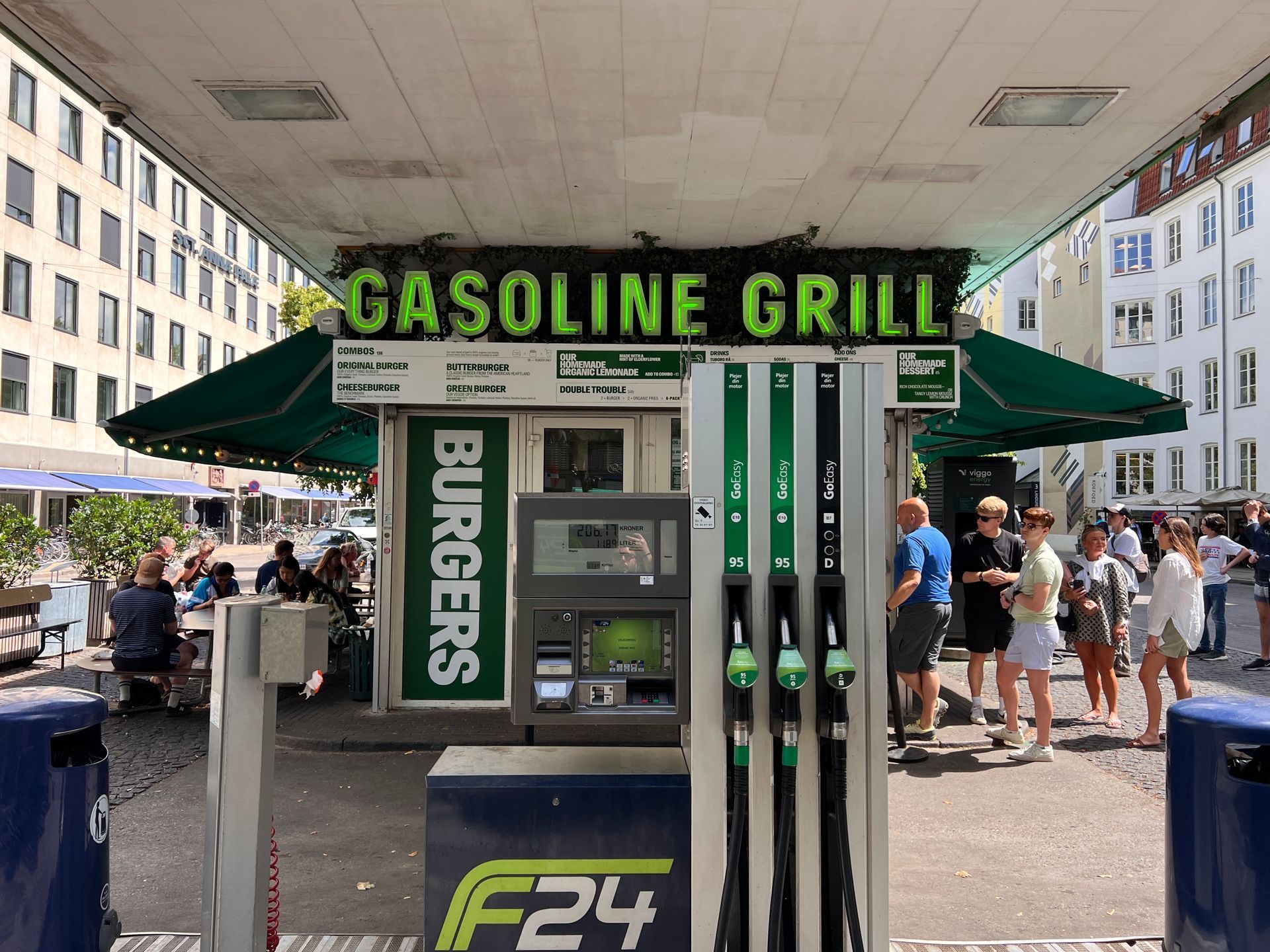 Gasoline Grill, a burger restaurant, located at a gas station. People waiting in line.