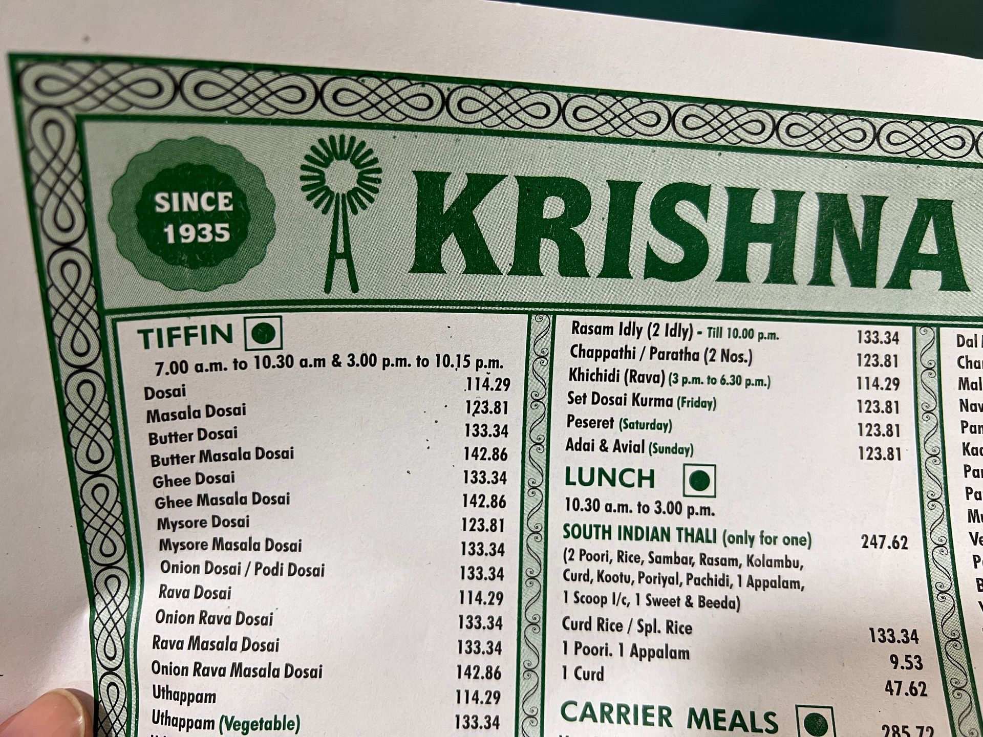 Photo of a restaurant menu in Chennai, India.