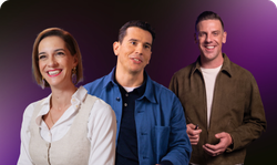 A group of three people standing next to each other on a purple background.