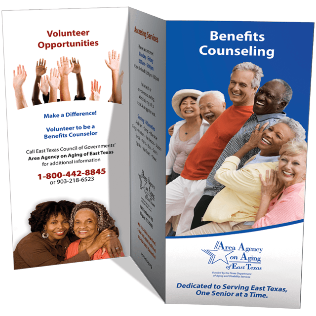 A brochure for benefits counseling shows a group of people