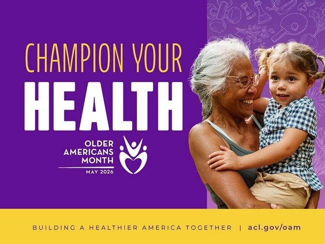 Champion Your Health poster with older adult holding a child on a purple background