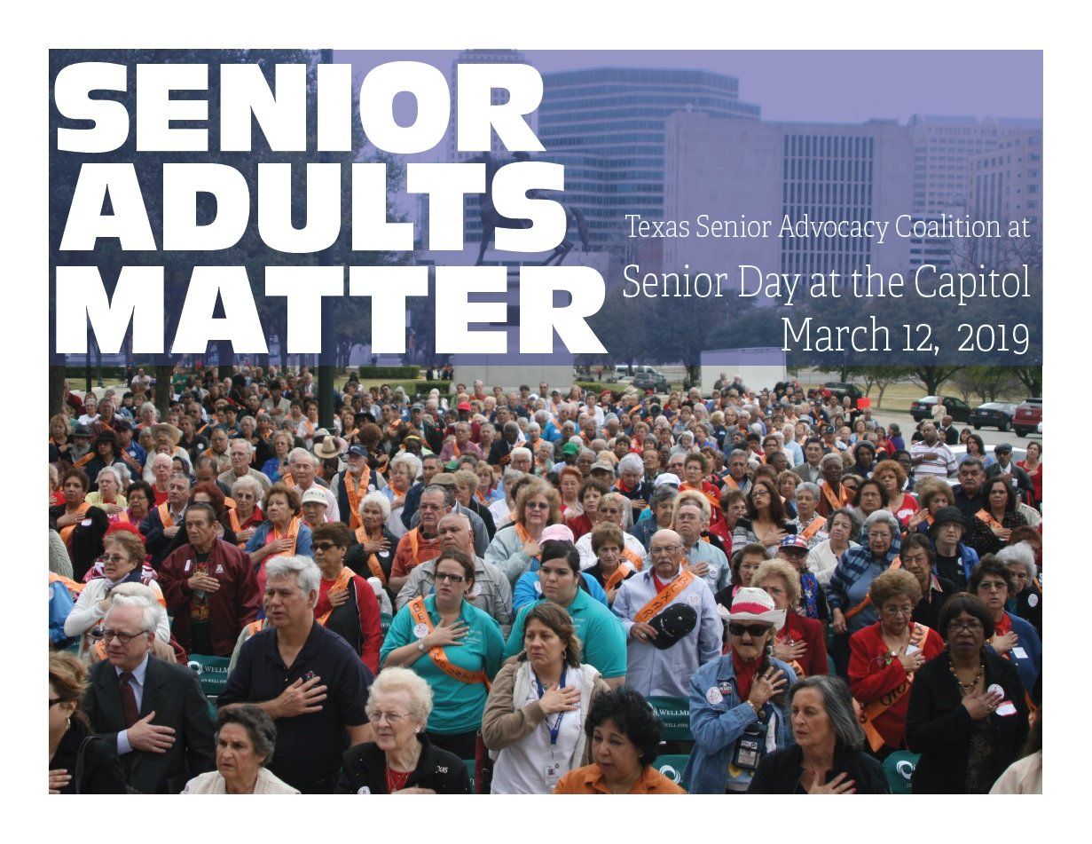 A large group of people are standing in front of a sign that says senior adults matter