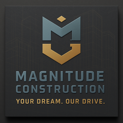 Logo for Magnitude Construction: a blue-and-gold emblem with the text "MAGNITUDE CONSTRUCTION" and "YOUR DREAM. OUR DRIVE."