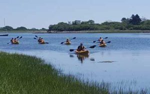 Group of people kayaking in the middle of Maine