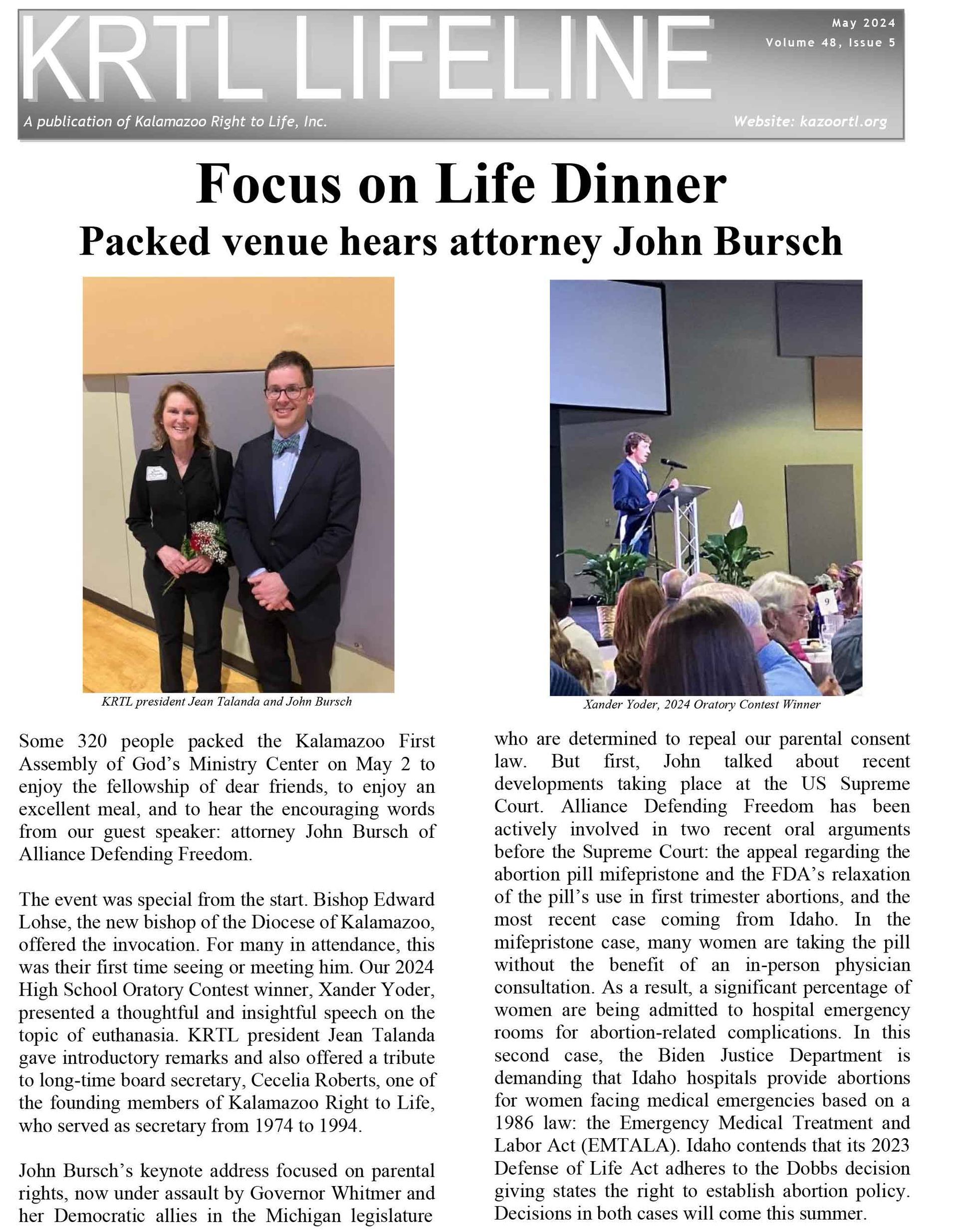 A newspaper article titled krtl lifeline focus on life dinner