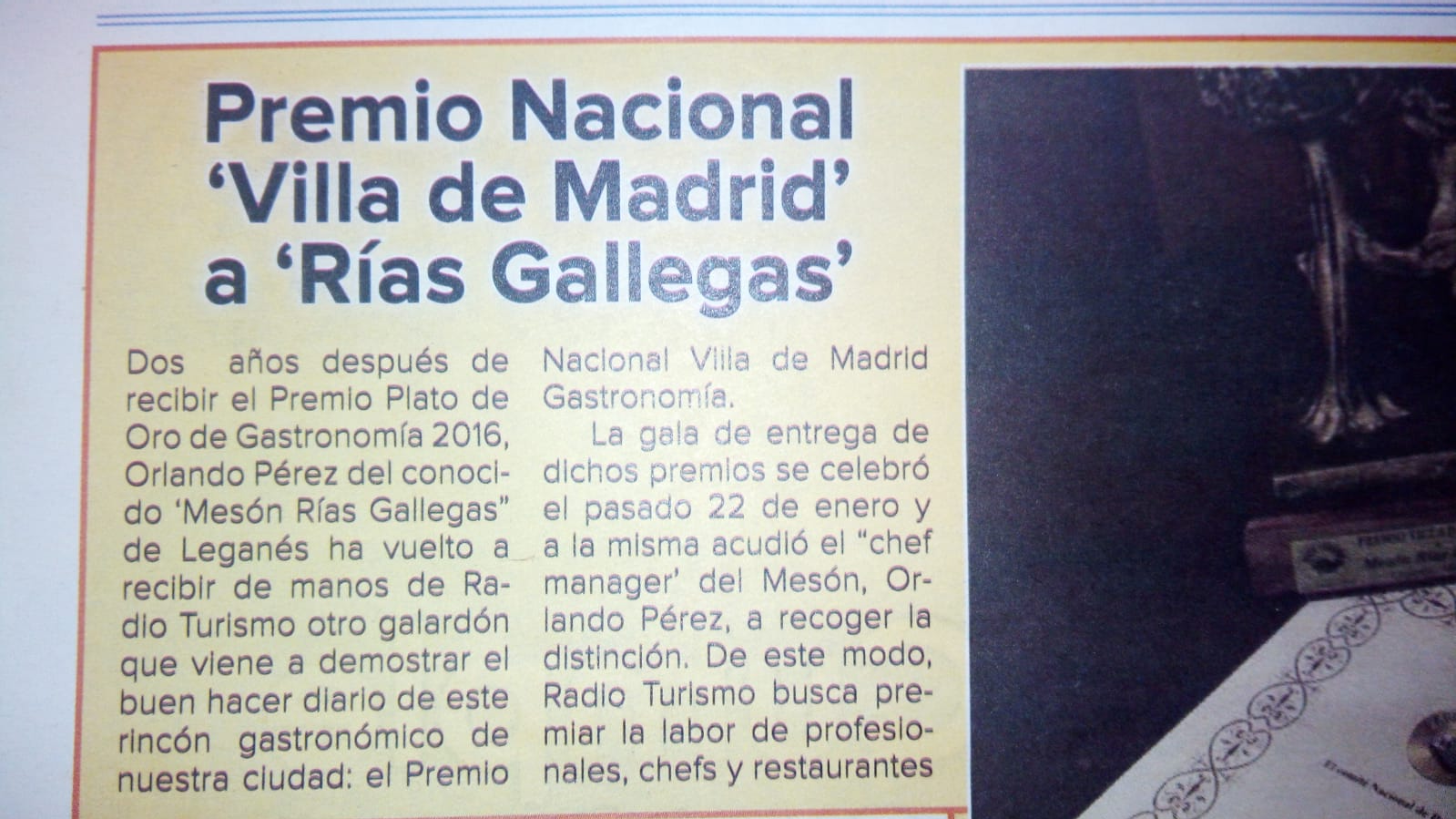 A newspaper article titled premio nacional villa de madrid a rias gallegas