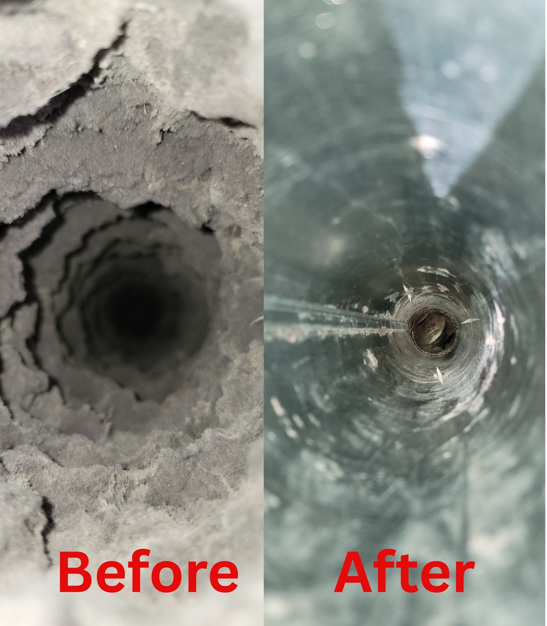 Before and after view of a cracked pipe interior, showing severe buildup removed to a smooth, clear surface.