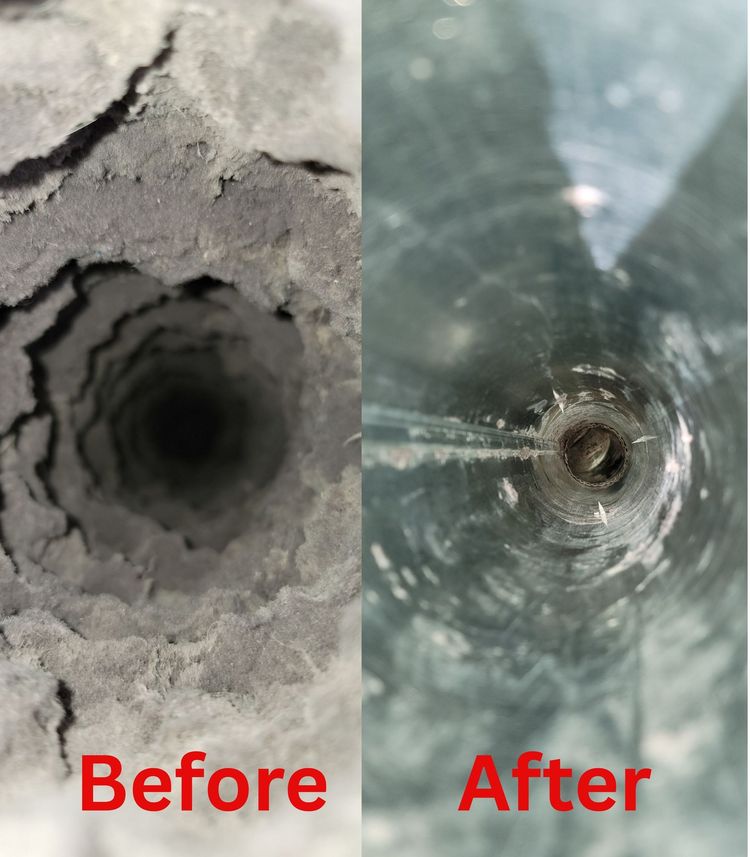 Before and after view of a cracked pipe interior, showing severe buildup removed to a smooth, clear surface.