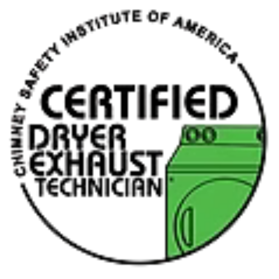 Certified Dryer Exhaust Technician badge logo with black text and green graphic.