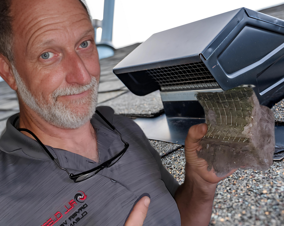 Man holding a gray roof vent while pointing at it, standing indoors with roofing materials in the background