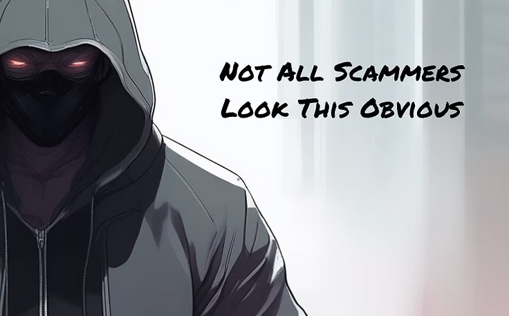 Hooded figure with glowing eyes beside text reading “Not all scammers look this obvious.”