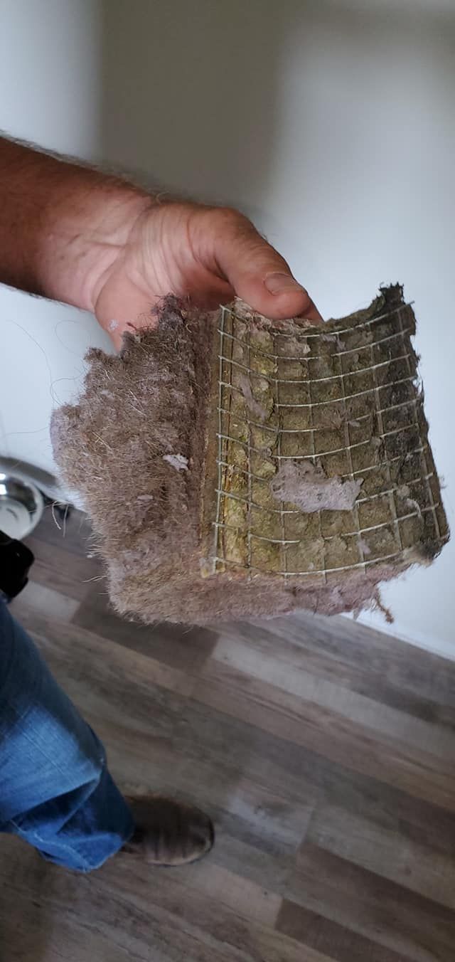 Hand holding a worn, rectangular woven mat or rug with frayed edges indoors
