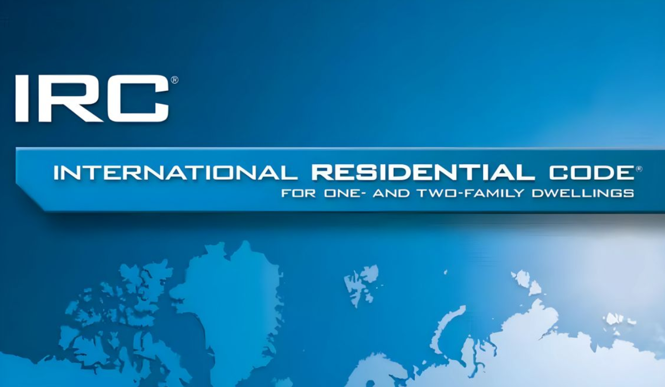 IRC logo with blue banner reading “International Residential Code” over a world map background