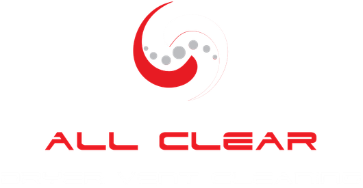 All Clear logo with red swirl and gray dots above red text on white background