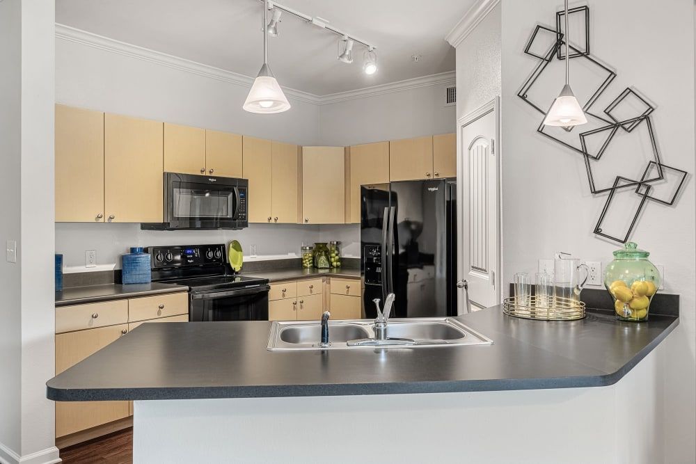 Modern kitchen interior with light wood cabinets, black appliances, and gray countertops. There's a geometric wall art piece to the right, and decorative items such as a glass jar with lemons on the counter. The floor is wooden, and there's a view into another room with a black refrigerator at Marquis at Canyon Ridge in Austin, TX.