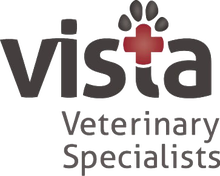 The vista veterinary specialists logo has a paw print and a cross on it.