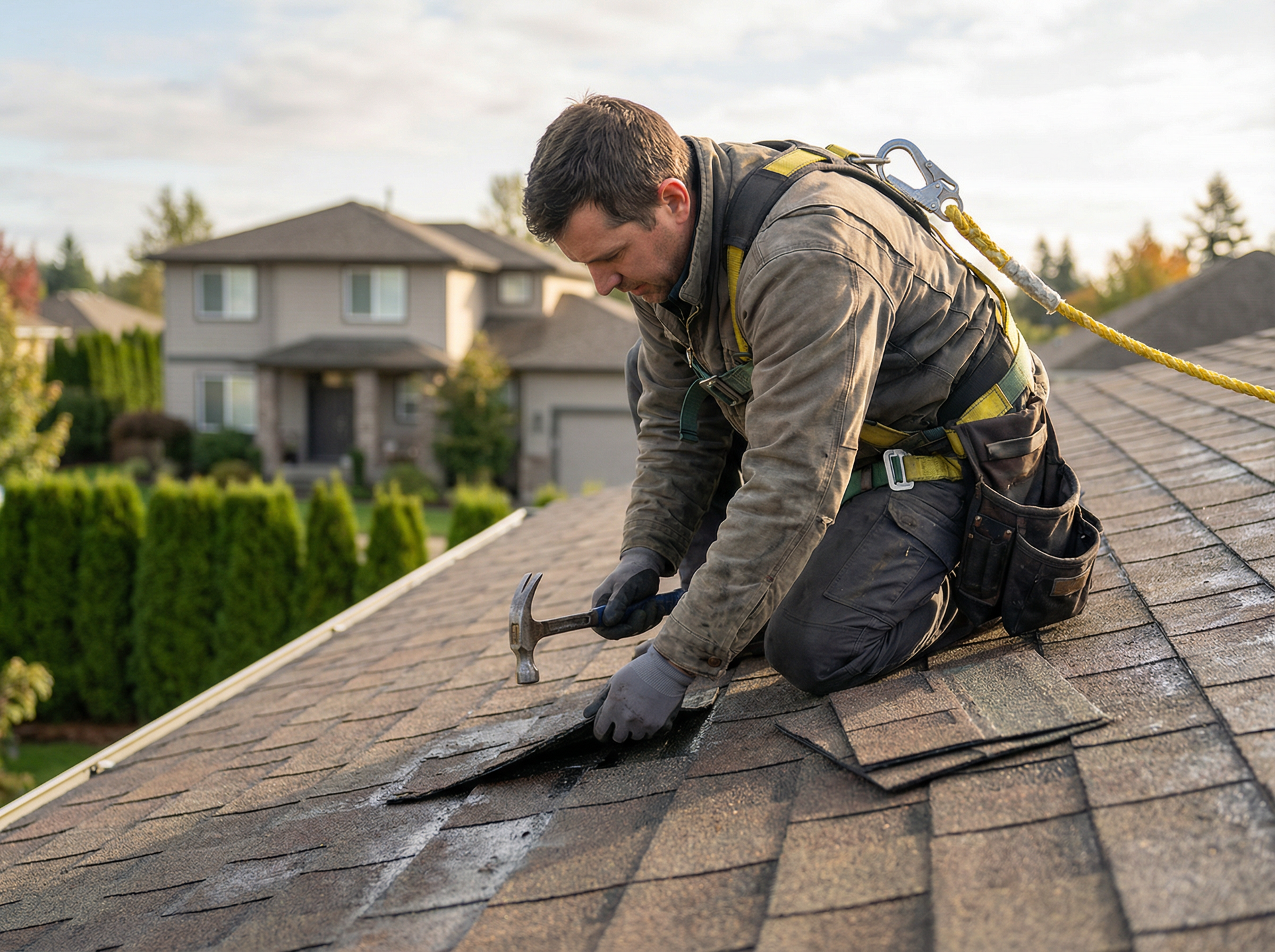 Roofer repairs roof shingles on a residential house. He wears a harness and uses a hammer.