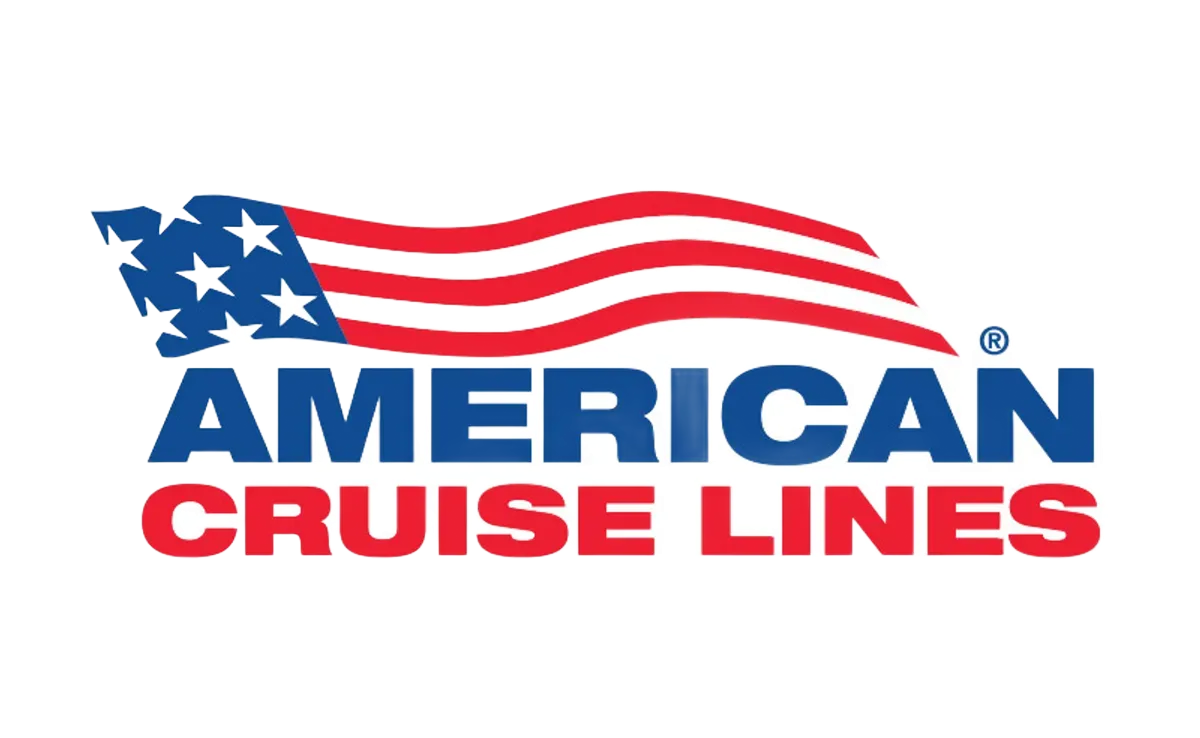 Logo for American Cruise Lines featuring a stylized American flag waving above blue and red text.