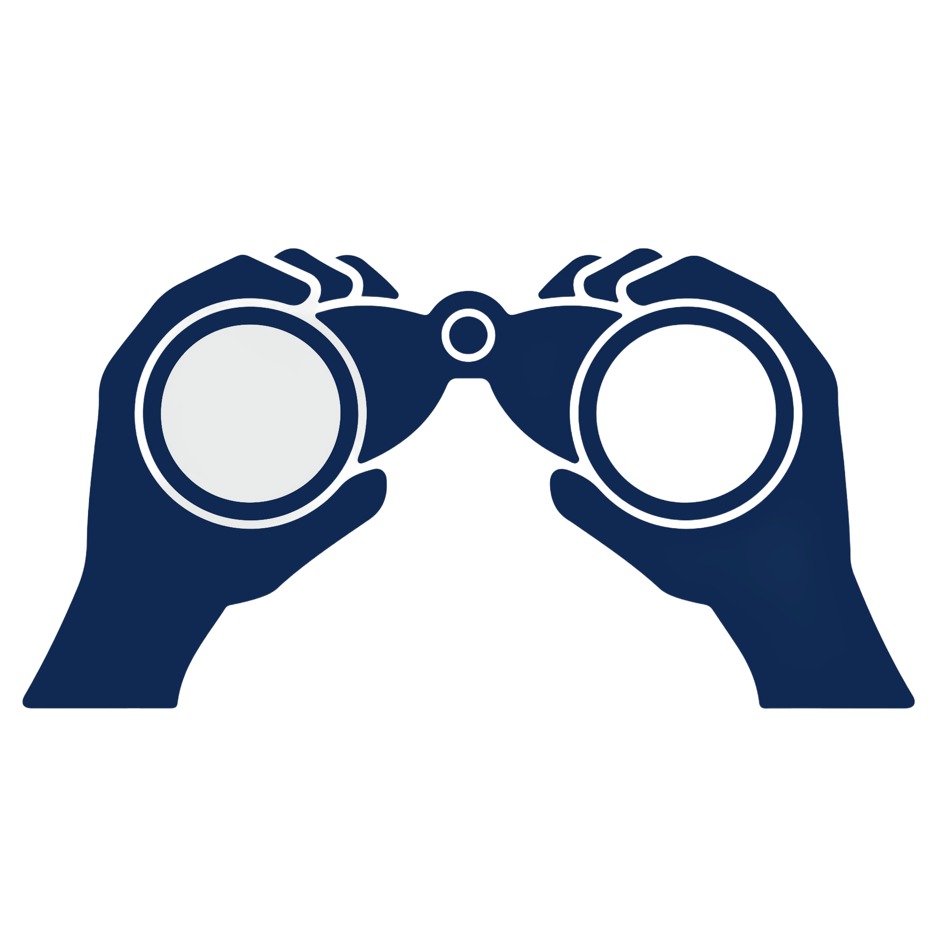 A dark blue icon of two hands holding up a pair of binoculars.