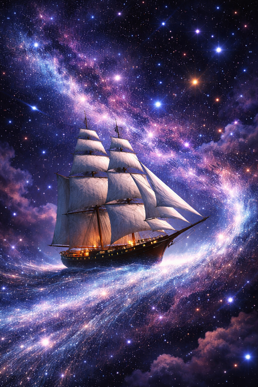 A wooden sailing ship travels through a vibrant, purple, and blue nebula filled with sparkling stars.