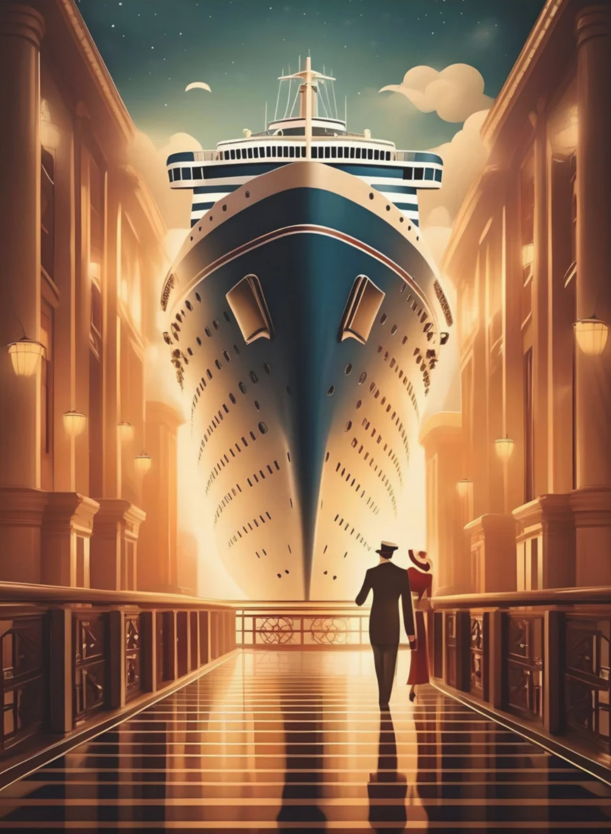 A couple in formal attire walks toward a massive cruise ship towering over a brightly lit, golden-hued promenade.