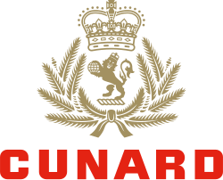 The Cunard logo: a gold crest featuring a lion, crown, and wheat, above the word 