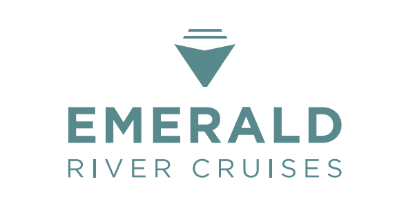 Logo for Emerald River Cruises featuring a teal stylized boat icon above the text 