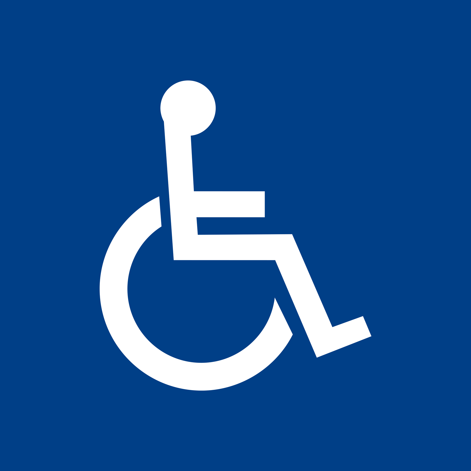 A white international symbol for accessibility, depicting a person in a wheelchair, centered on a solid blue square.