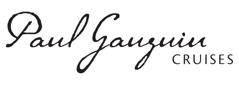 Logo for Paul Gauguin Cruises in black, stylized cursive script for the name with 