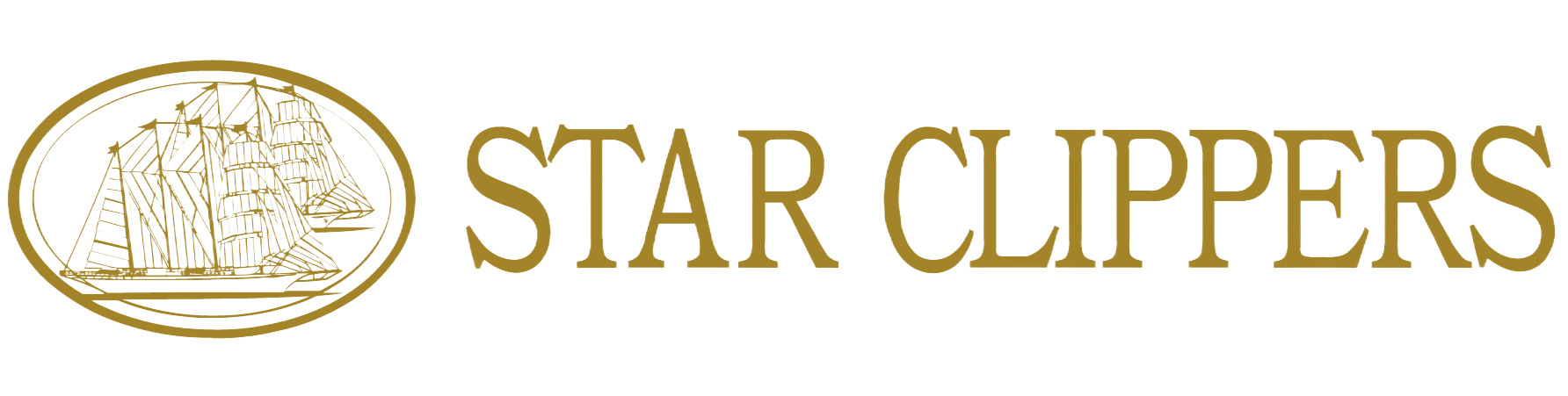 Gold logo for Star Clippers featuring a sailing ship inside an oval, followed by the company name in a serif font.