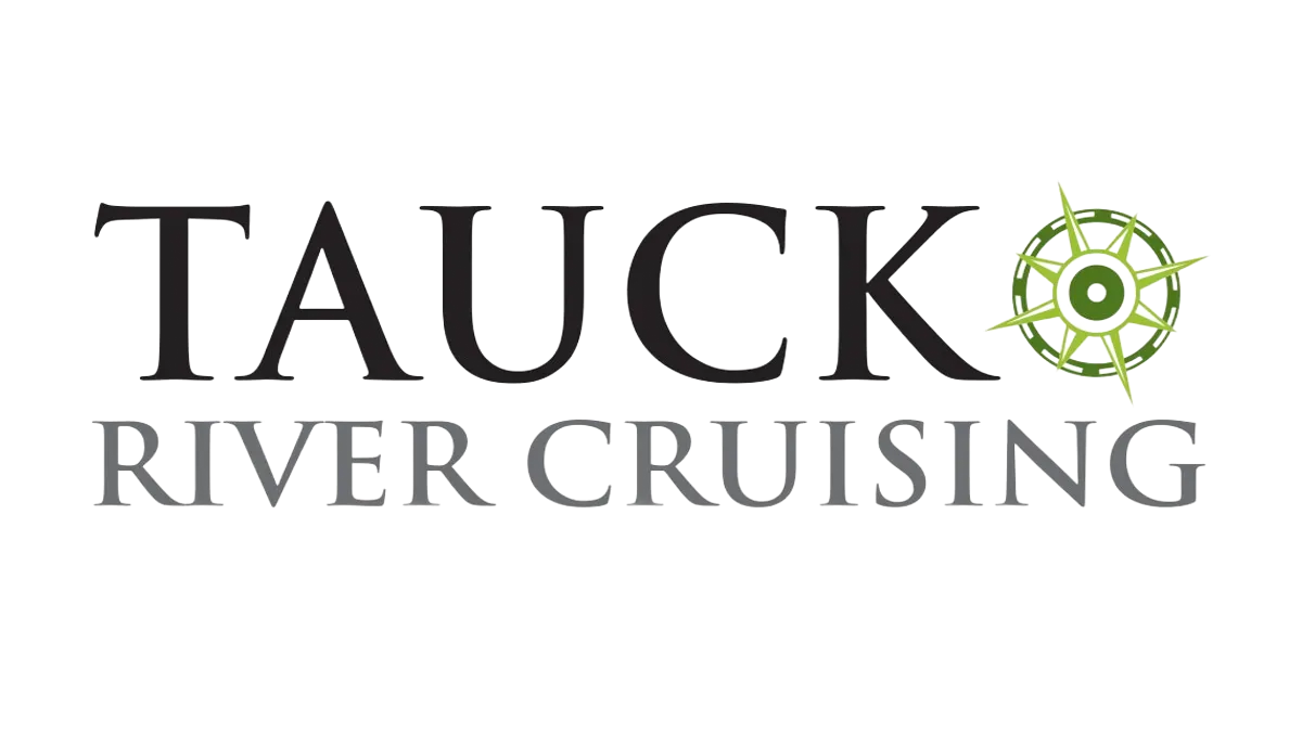 Logo for Tauck River Cruising featuring black text and a green compass icon.