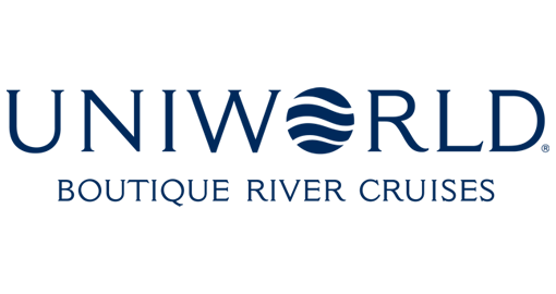 The Uniworld Boutique River Cruises logo with blue text and a stylized wave graphic over the letter O.
