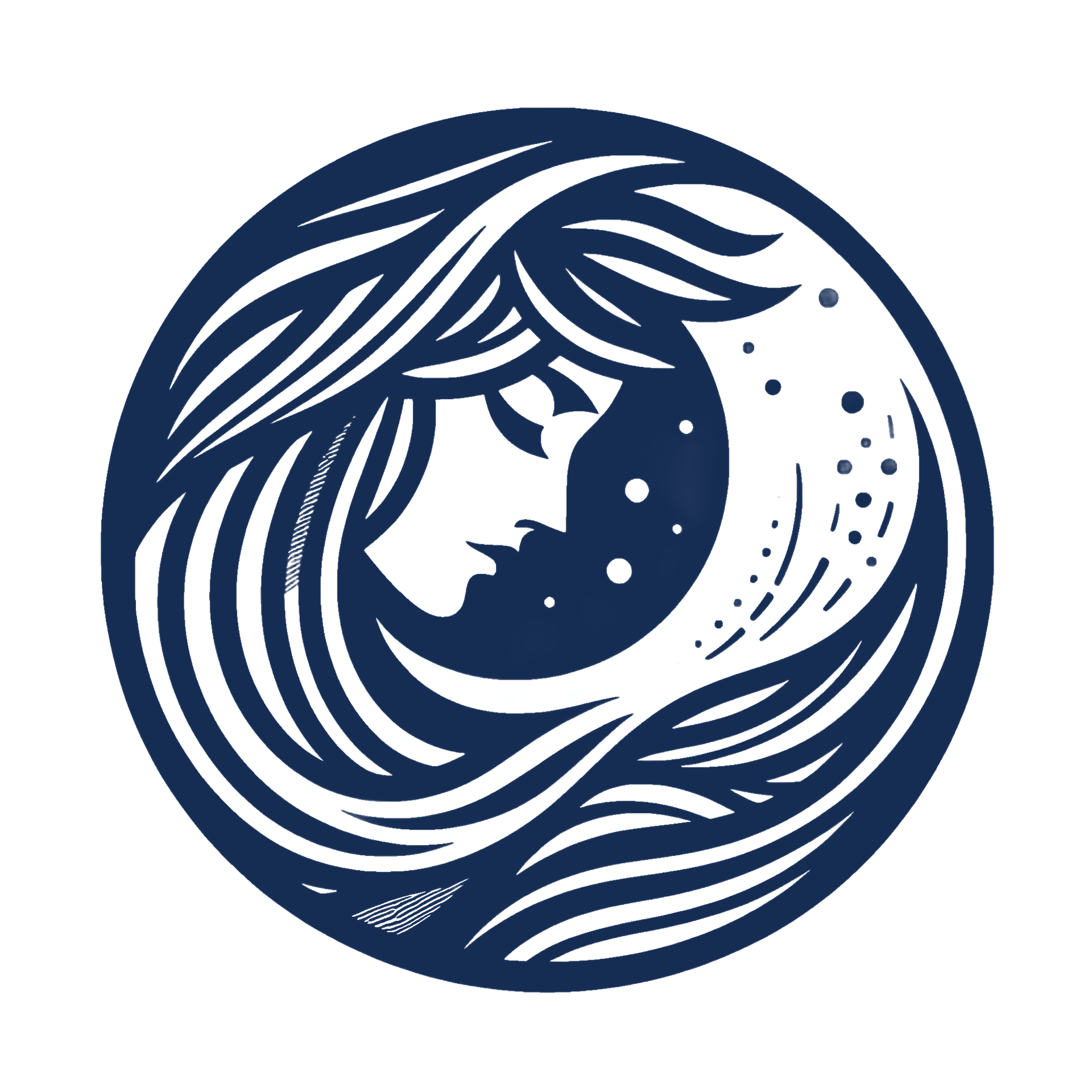 A circular, dark blue graphic illustration of a side profile of a person with flowing hair merging into waves and stars.