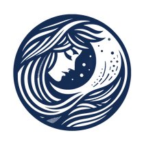 A circular, dark blue graphic illustration of a side profile of a person with flowing hair merging into waves and stars.